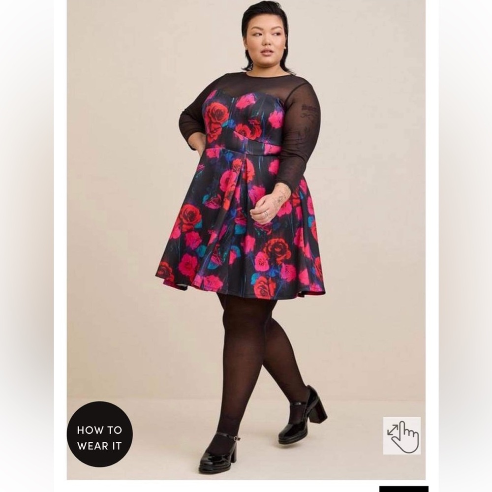 Torrid Plus Size 1 (14/16) Floral Scuba Illusion Mesh Neckline Mini Dress NWT